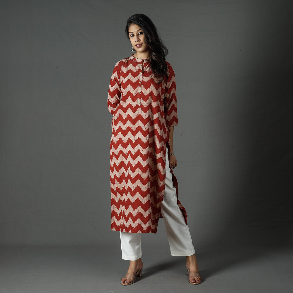 Red - Pipad Block Printed Cotton Long Kurta