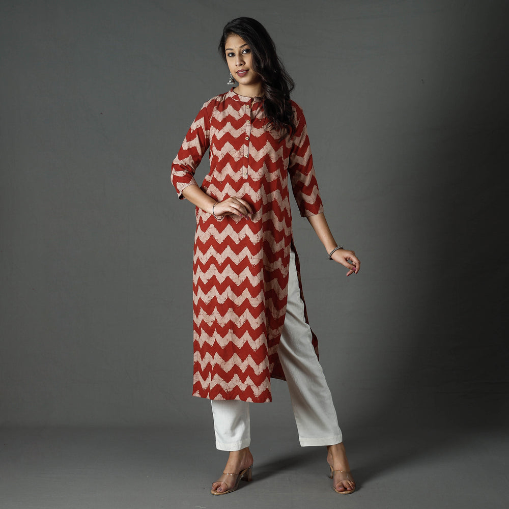 Red - Pipad Block Printed Cotton Long Kurta