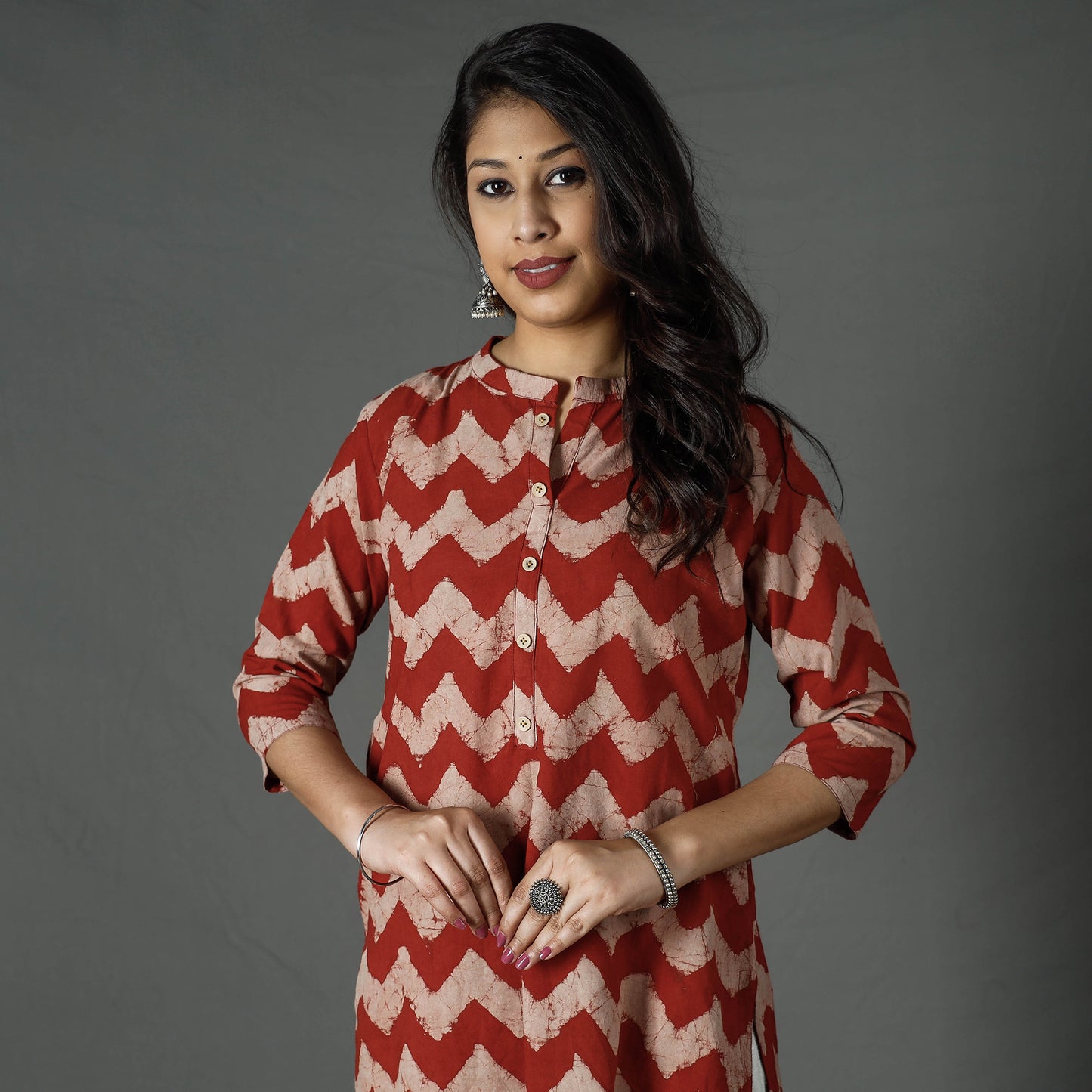 Red - Pipad Block Printed Cotton Long Kurta