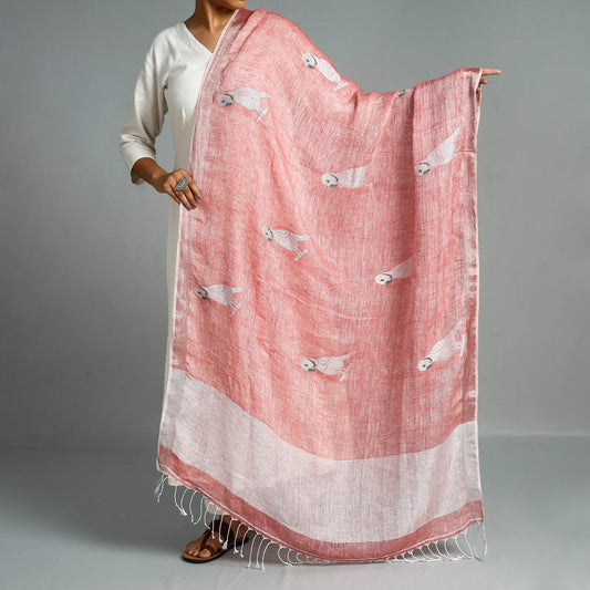 Red - Bengal Jamdani Handloom Linen Dupatta with Tassels