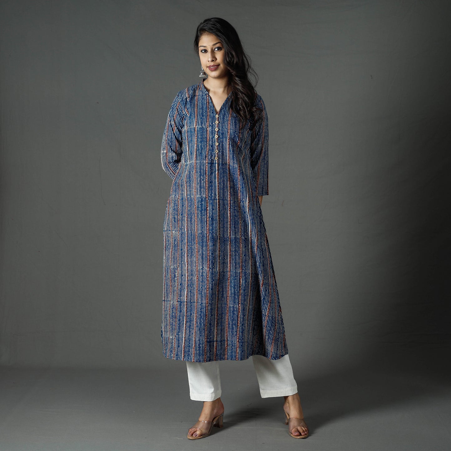 Blue - Pipad Block Printed Cotton Long Kurta