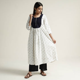 White Block Print Handwoven Cotton A-Line Mangalagiri Kurta for Women