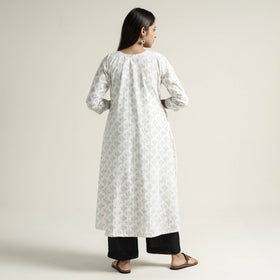 White Block Print Handwoven Cotton A-Line Mangalagiri Kurta for Women