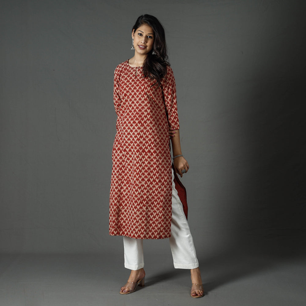 Red - Pipad Block Printed Cotton Long Straight Kurta