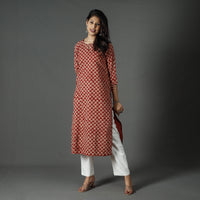 Red - Pipad Block Printed Cotton Long Straight Kurta