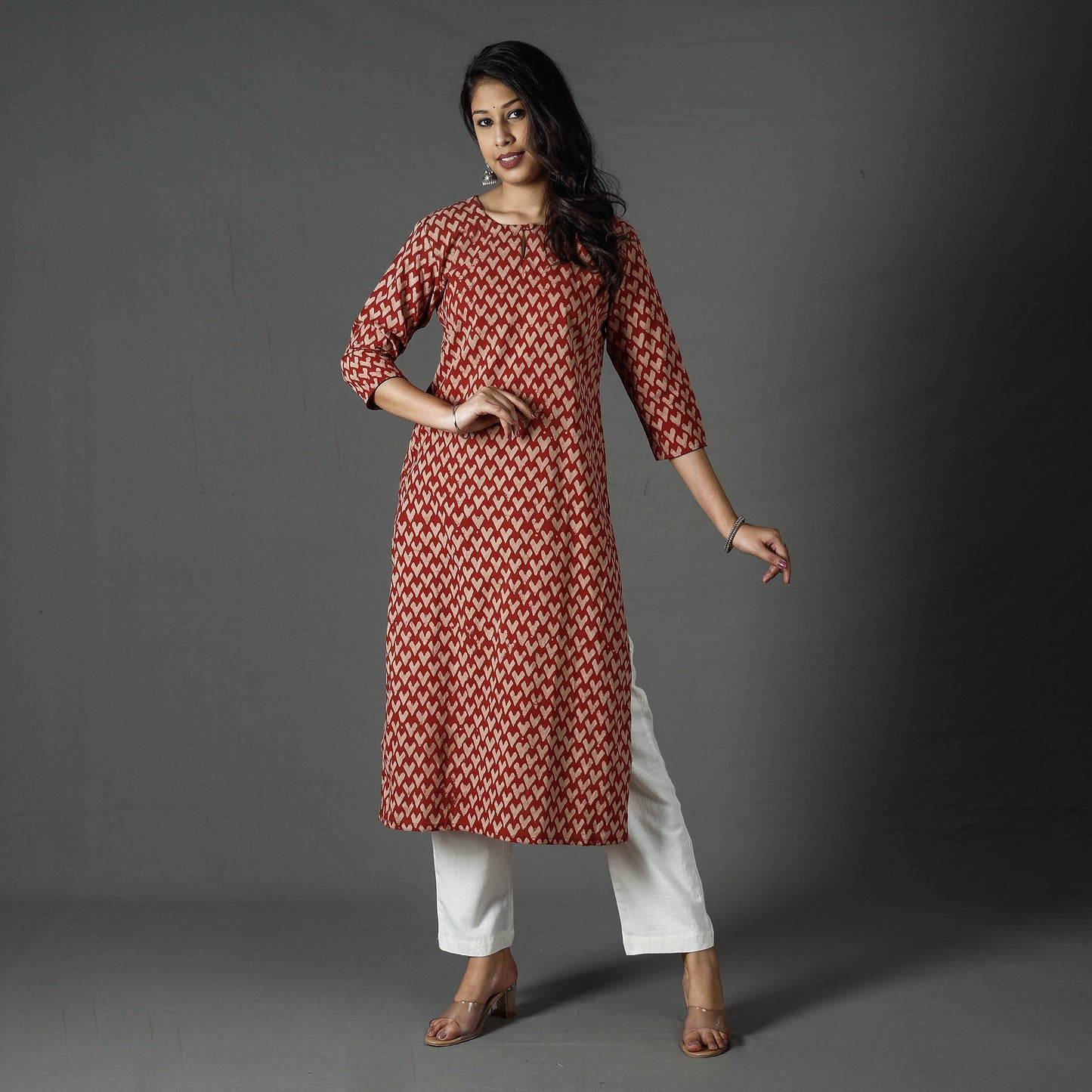 Red - Pipad Block Printed Cotton Long Straight Kurta