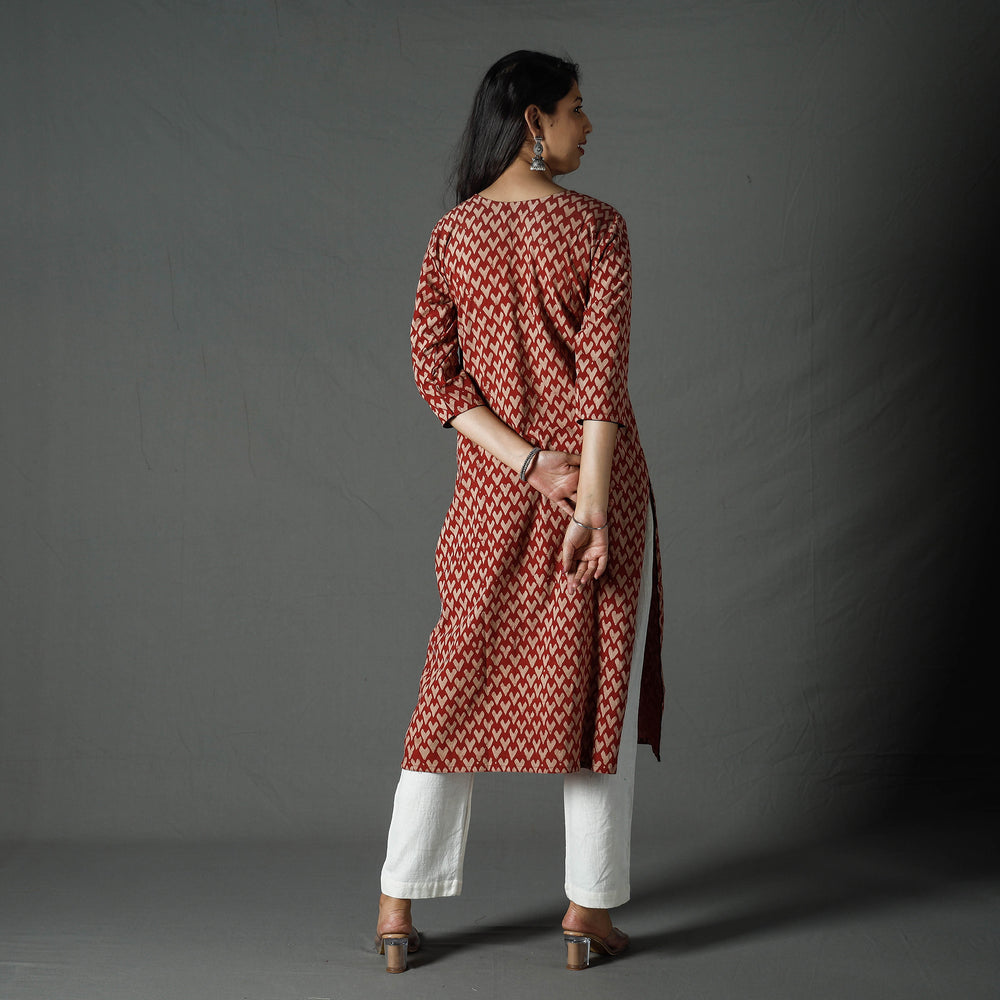 Red - Pipad Block Printed Cotton Long Straight Kurta