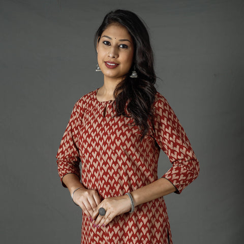 Red - Pipad Block Printed Cotton Long Straight Kurta