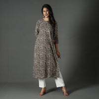 Brown - Pipad Block Printed Cotton Long Straight Kurta