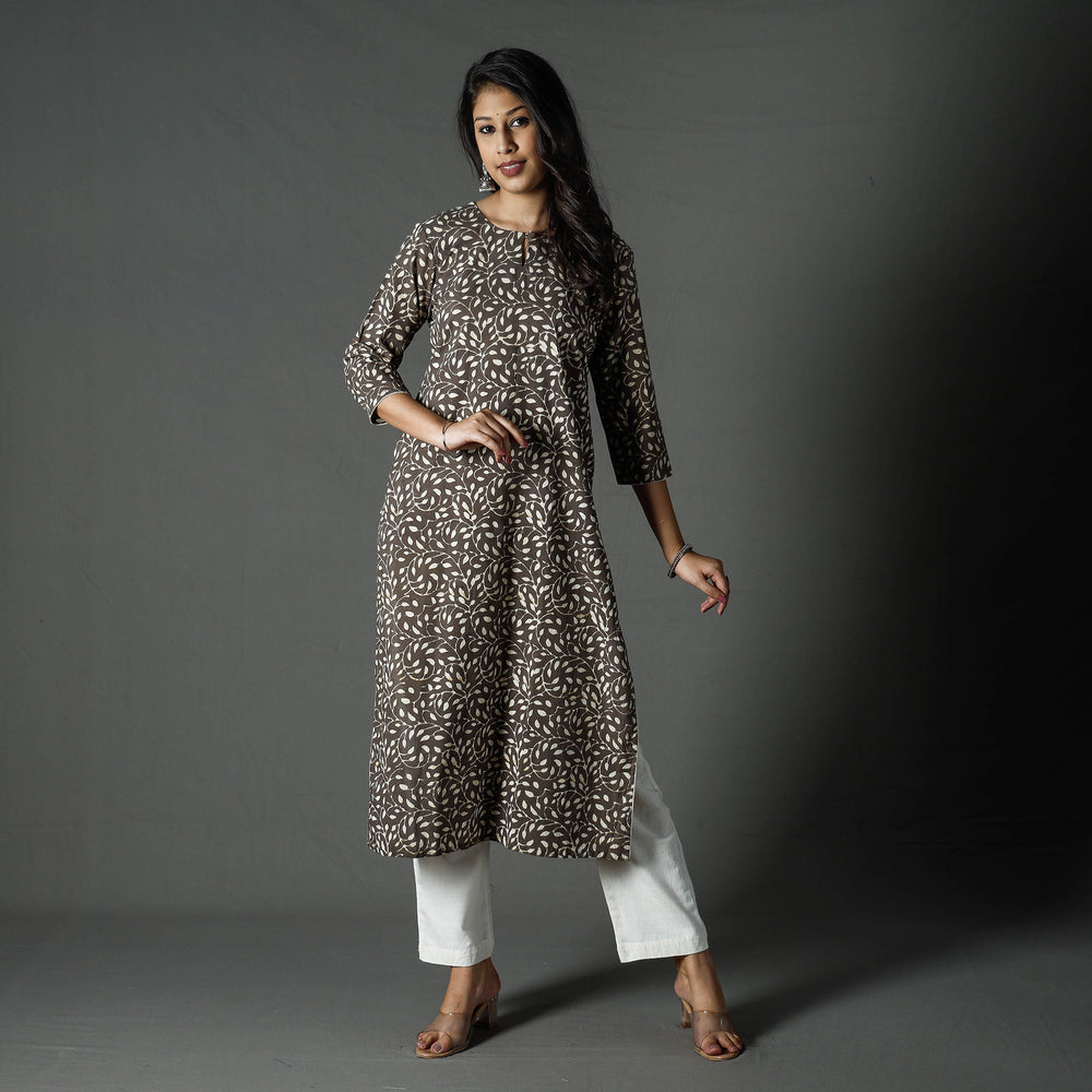 Brown - Pipad Block Printed Cotton Long Straight Kurta