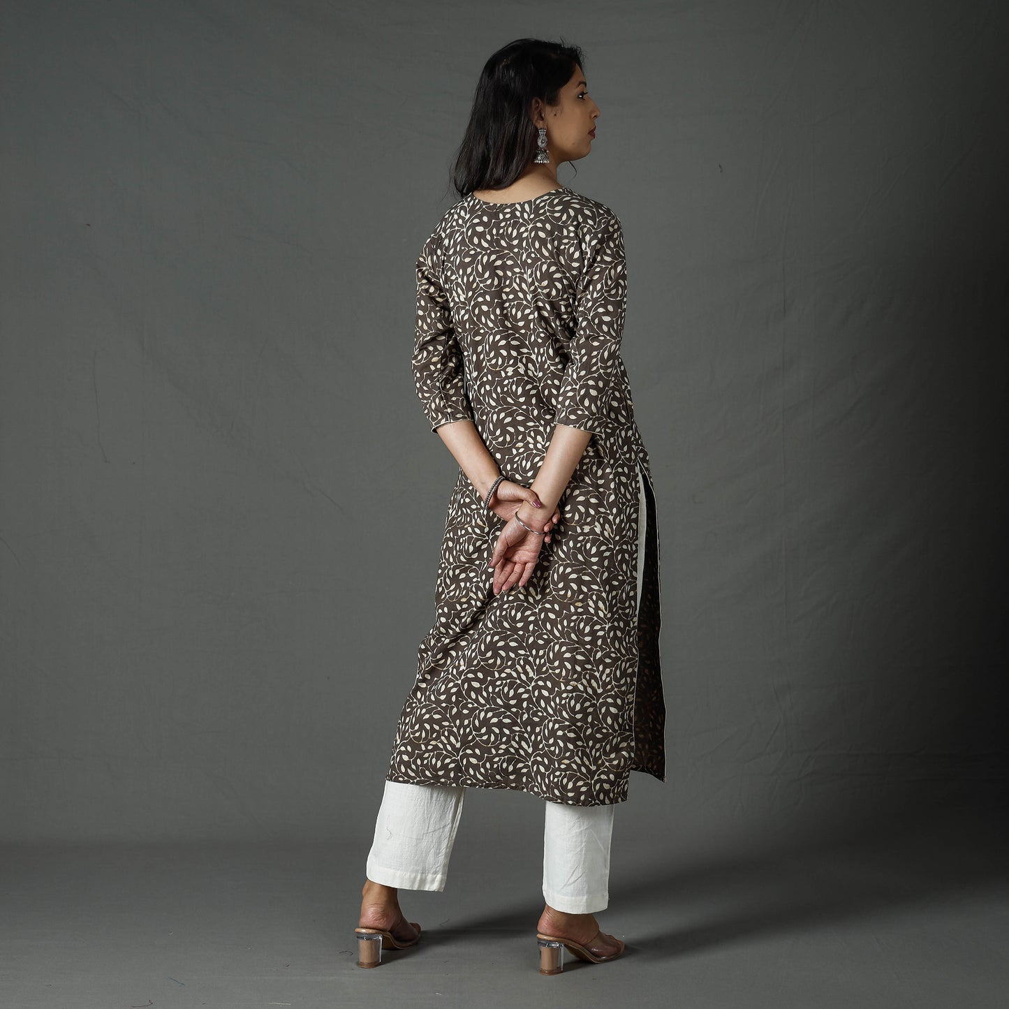 Brown - Pipad Block Printed Cotton Long Straight Kurta