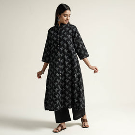Black Block Print Handwoven Cotton A-Line Mangalagiri Kurta