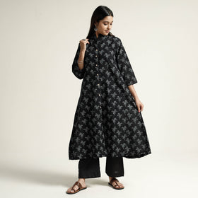 Black Block Print Handwoven Cotton A-Line Mangalagiri Kurta
