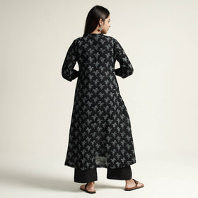 Black Block Print Handwoven Cotton A-Line Mangalagiri Kurta