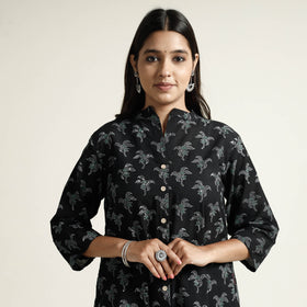 Black Block Print Handwoven Cotton A-Line Mangalagiri Kurta
