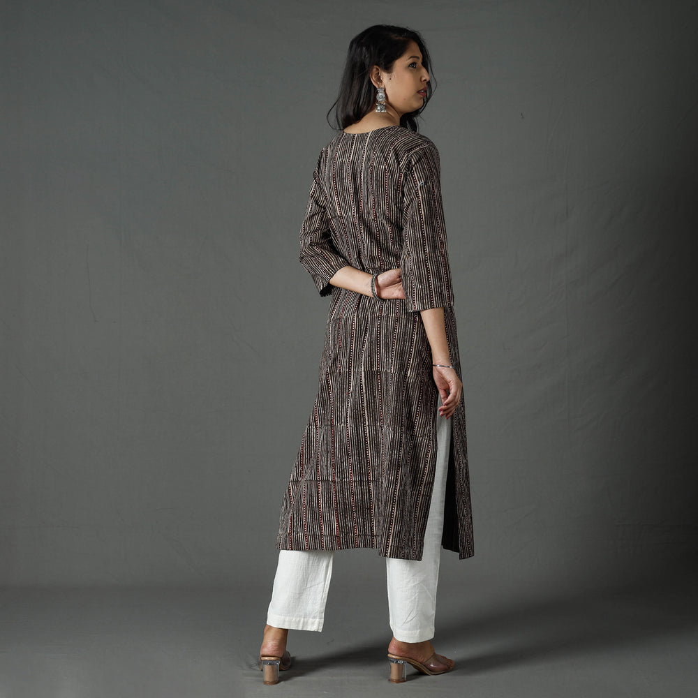 Brown - Pipad Block Printed Cotton Long Kurta