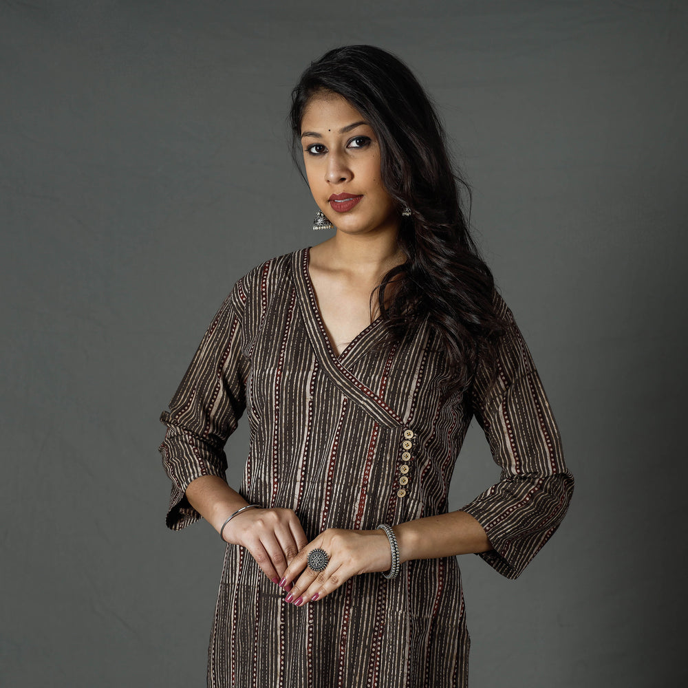 Brown - Pipad Block Printed Cotton Long Kurta