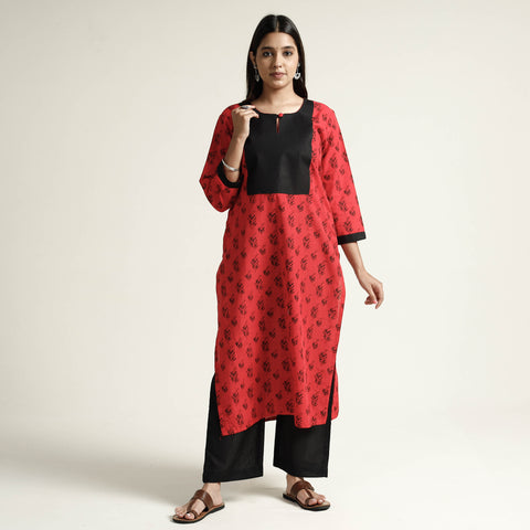 Red - Mangalagiri Block Printed Cotton Kurta with Palazzo Set