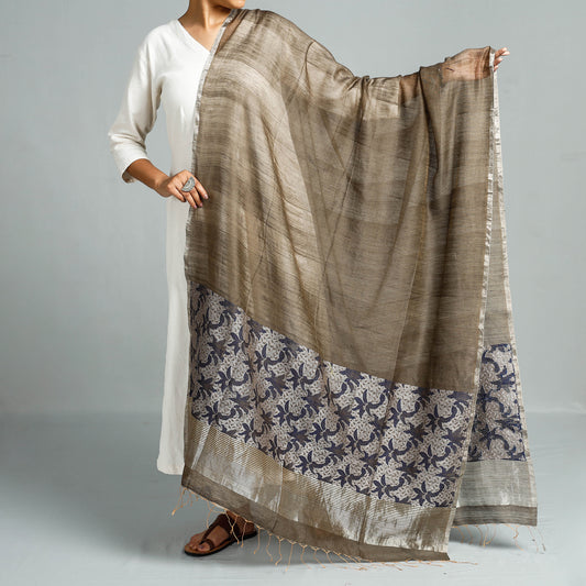 Brown - Bengal Jamdani Handloom Katan Silk Dupatta with Tassels