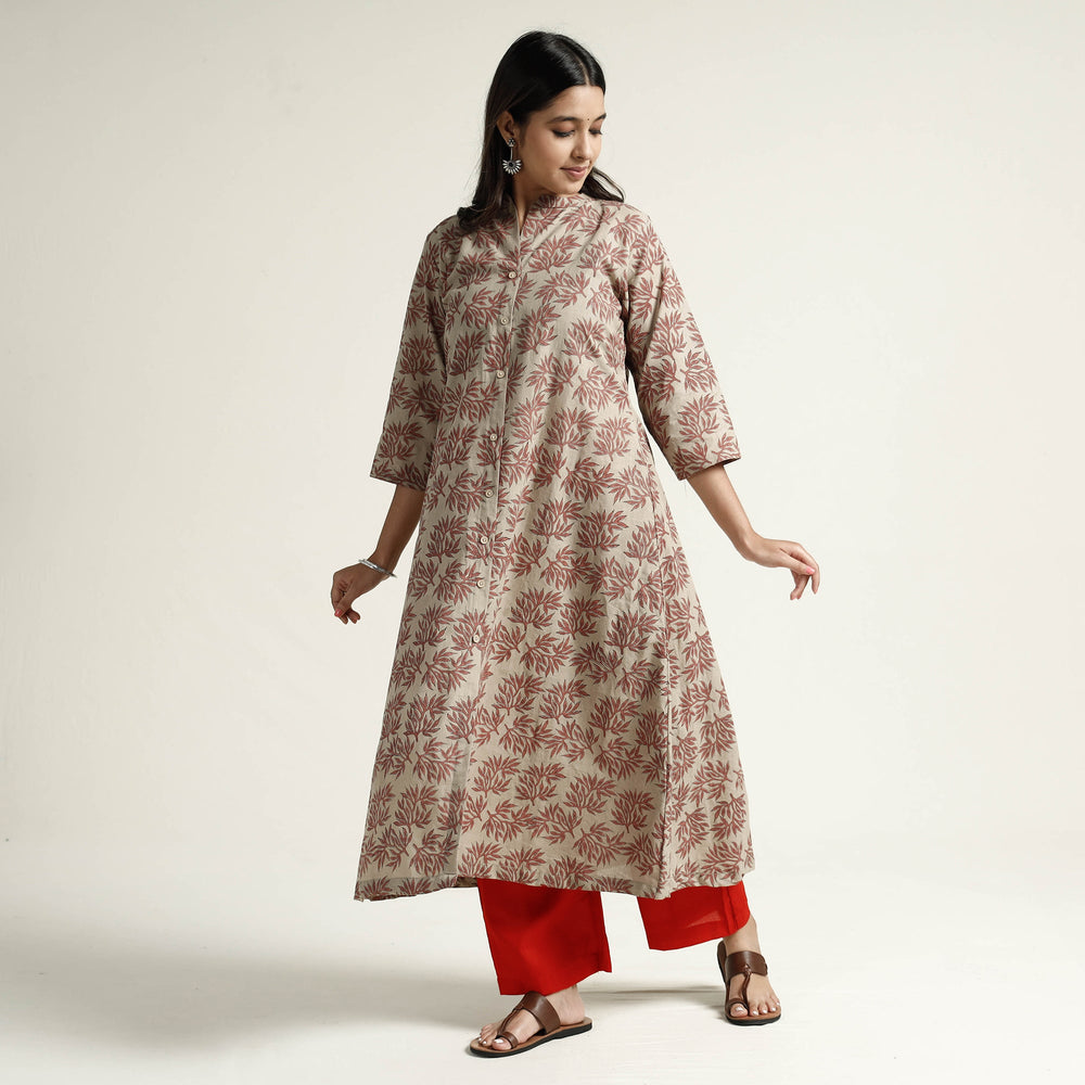 Brown - Mangalagiri Block Printed Cotton Kurta with Palazzo Set