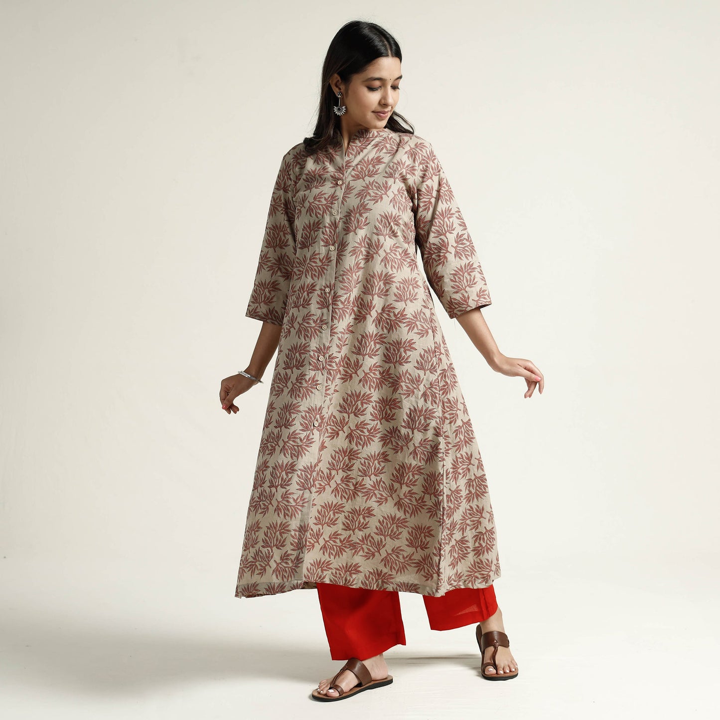 Brown - Mangalagiri Block Printed Cotton Kurta with Palazzo Set