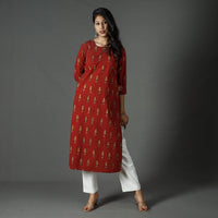 Red - Pipad Block Printed Cotton Long Kurta