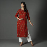 Red - Pipad Block Printed Cotton Long Kurta