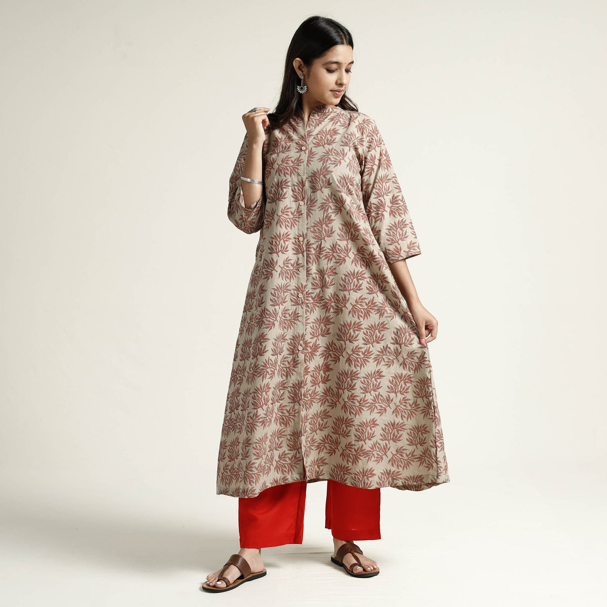 Brown - Mangalagiri Block Printed Cotton Kurta with Palazzo Set