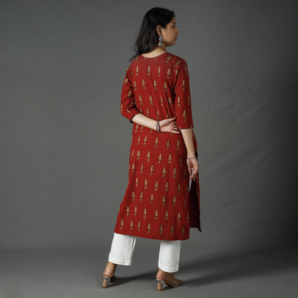 Red - Pipad Block Printed Cotton Long Kurta