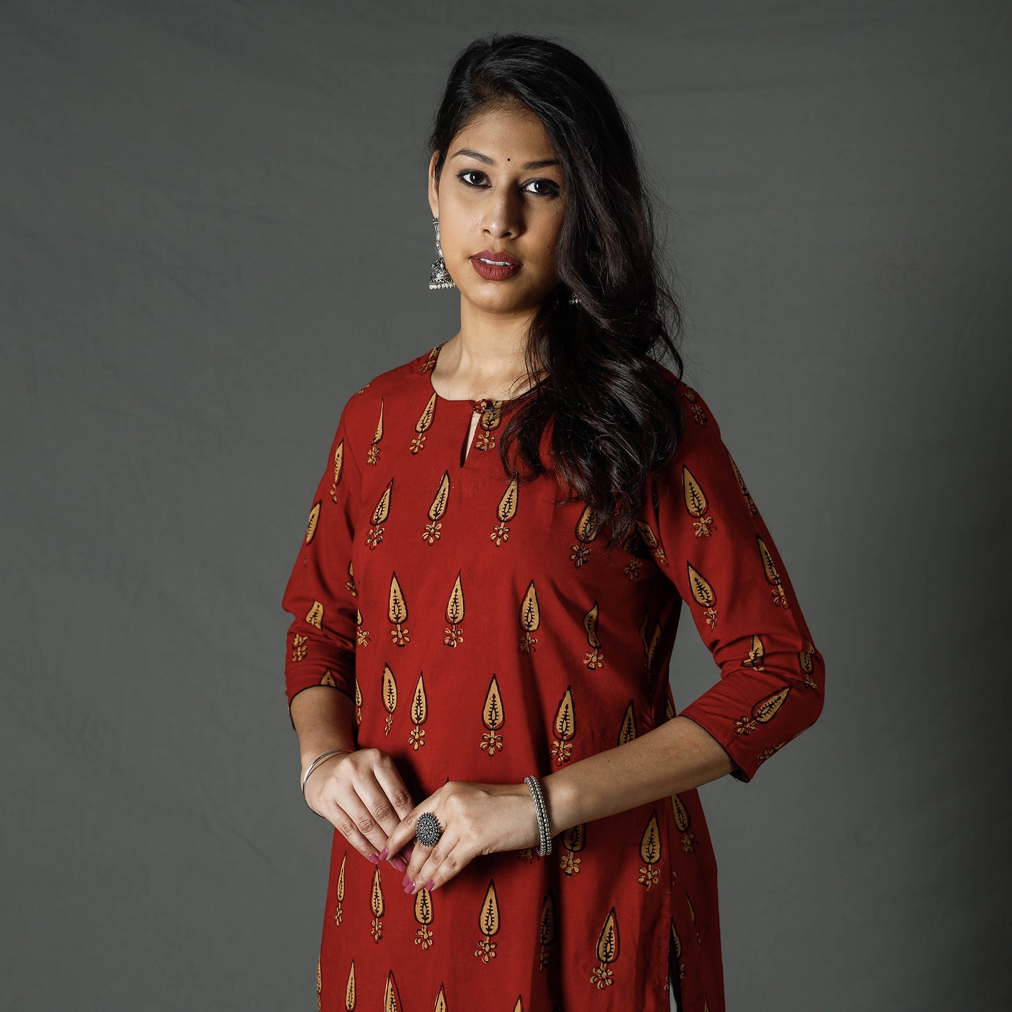 Red - Pipad Block Printed Cotton Long Kurta