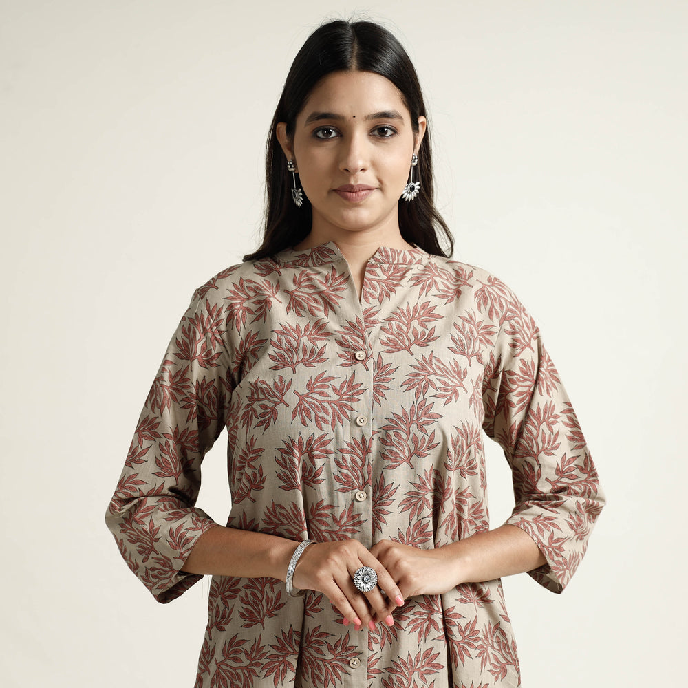 Brown - Mangalagiri Block Printed Cotton Kurta with Palazzo Set