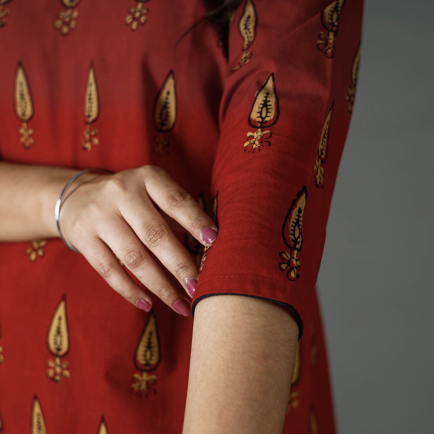 Red - Pipad Block Printed Cotton Long Kurta