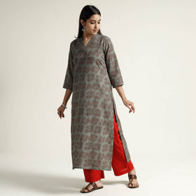 Grey Block Print Handwoven Cotton Straight Mangalagiri Kurta