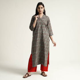 Grey Block Print Handwoven Cotton Straight Mangalagiri Kurta