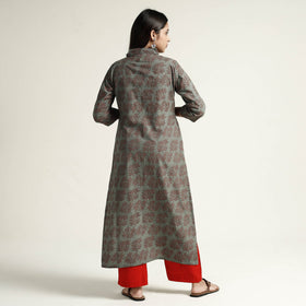 Grey Block Print Handwoven Cotton Straight Mangalagiri Kurta