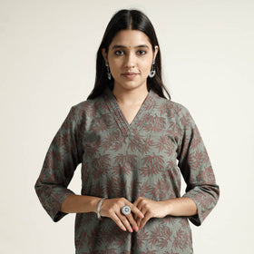 Grey Block Print Handwoven Cotton Straight Mangalagiri Kurta