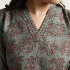 Grey Block Print Handwoven Cotton Straight Mangalagiri Kurta