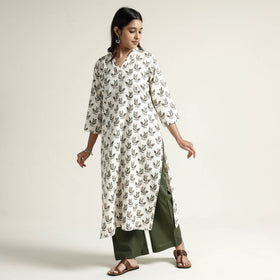 White Block Print Handwoven Cotton Straight Mangalagiri Kurta