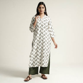 White Block Print Handwoven Cotton Straight Mangalagiri Kurta