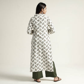 White Block Print Handwoven Cotton Straight Mangalagiri Kurta