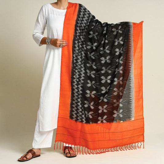 Black - Pochampally Ikat Handloom Cotton Dupatta with Tassels