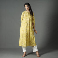 Yellow - Pipad Block Printed Cotton Long Kurta