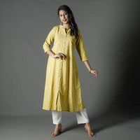 Yellow - Pipad Block Printed Cotton Long Kurta