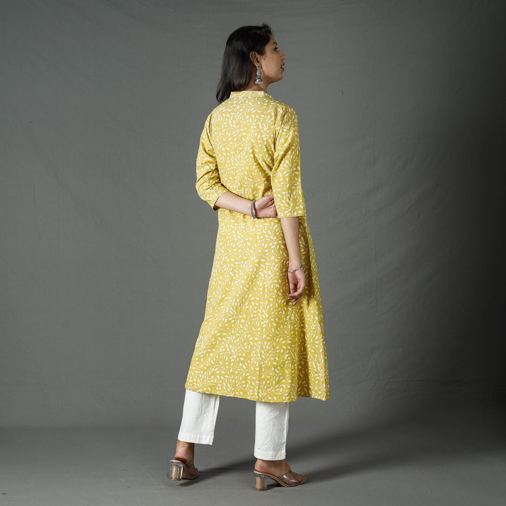 Yellow - Pipad Block Printed Cotton Long Kurta