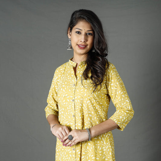 Yellow - Pipad Block Printed Cotton Long Kurta