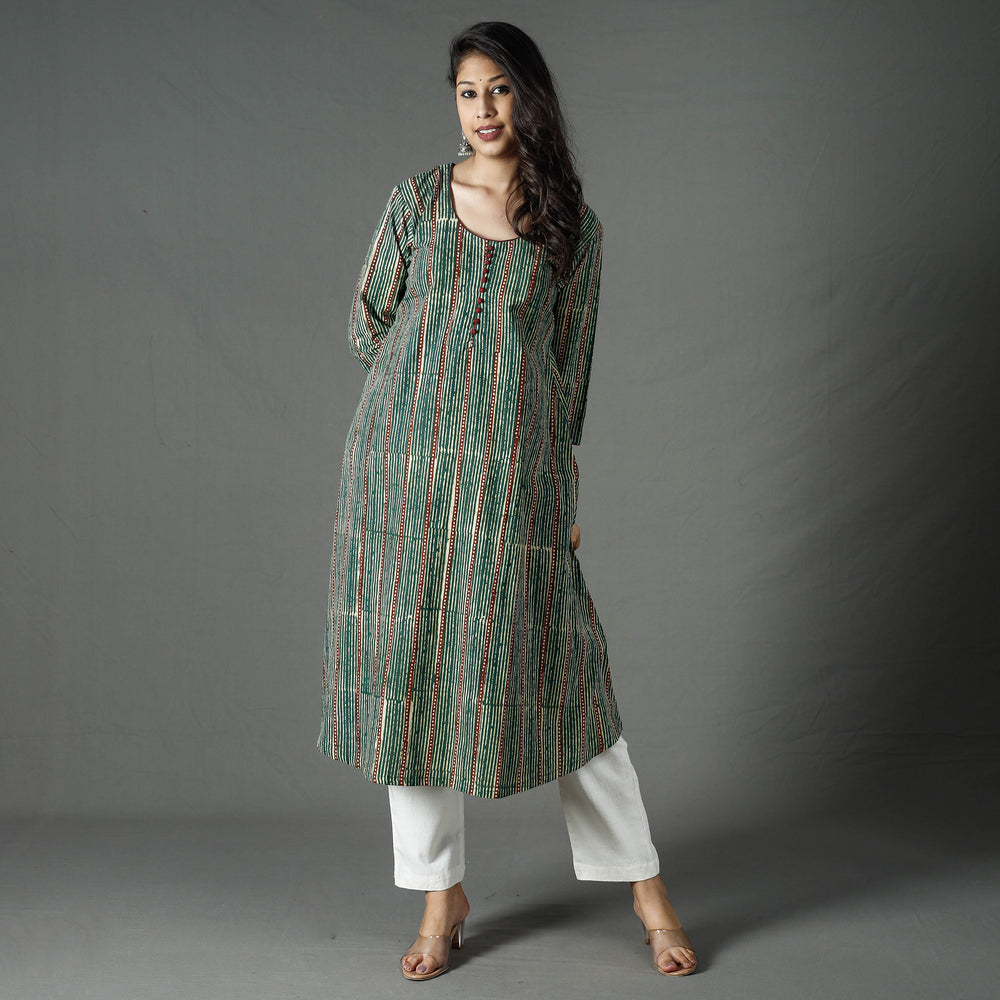 Green - Pipad Block Printed Cotton Long Kurta