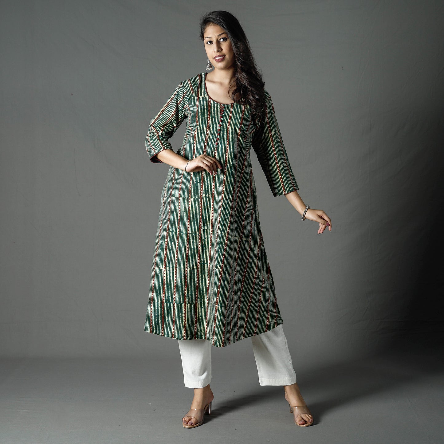 Green - Pipad Block Printed Cotton Long Kurta