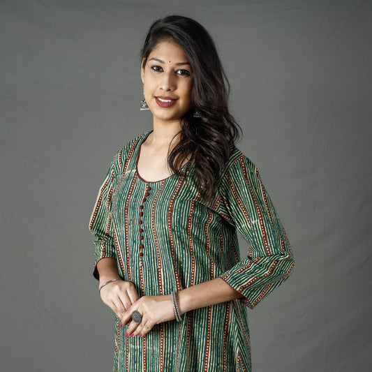 Green - Pipad Block Printed Cotton Long Kurta