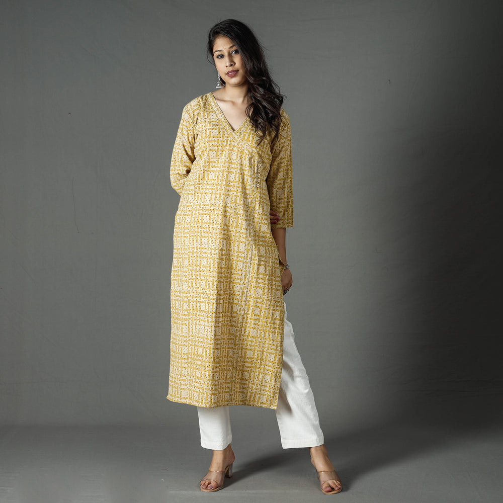 Yellow - Pipad Block Printed Cotton Long Kurta