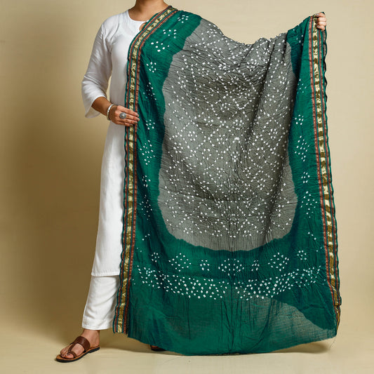 Green - Kutch Bandhani Tie-Dye Cotton Dupatta with Border